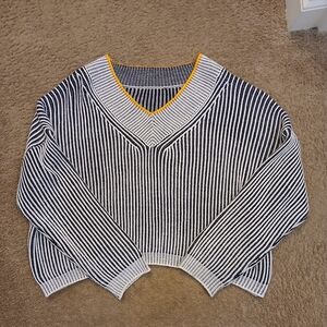 Striped V-Neck Knit Sweater with Yellow Trim